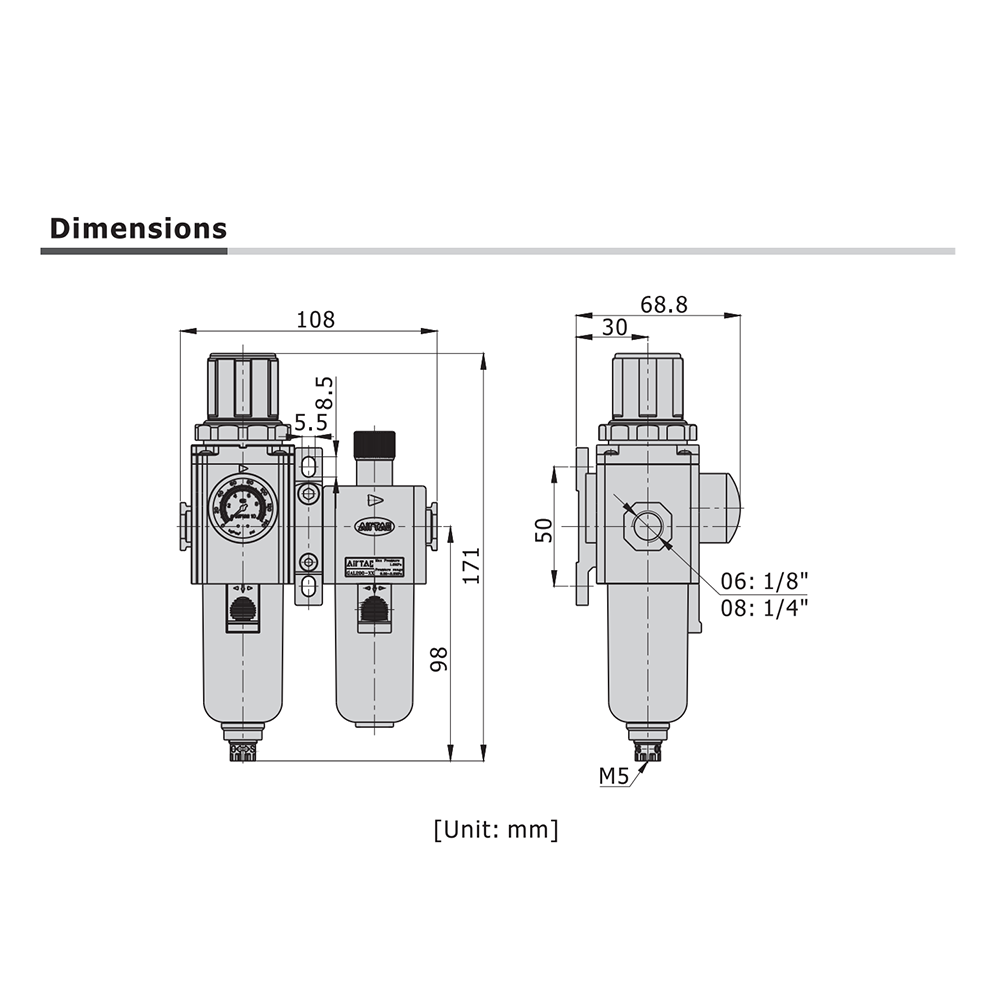 GTFC20008LNWTK AIRTAC SMALL FRL ASSEMBLY<BR>GTFC200 SERIES 1/4" NPT 20-58 PSI PART FILT, REG, LUB 5 MIC NO GA INT CHK